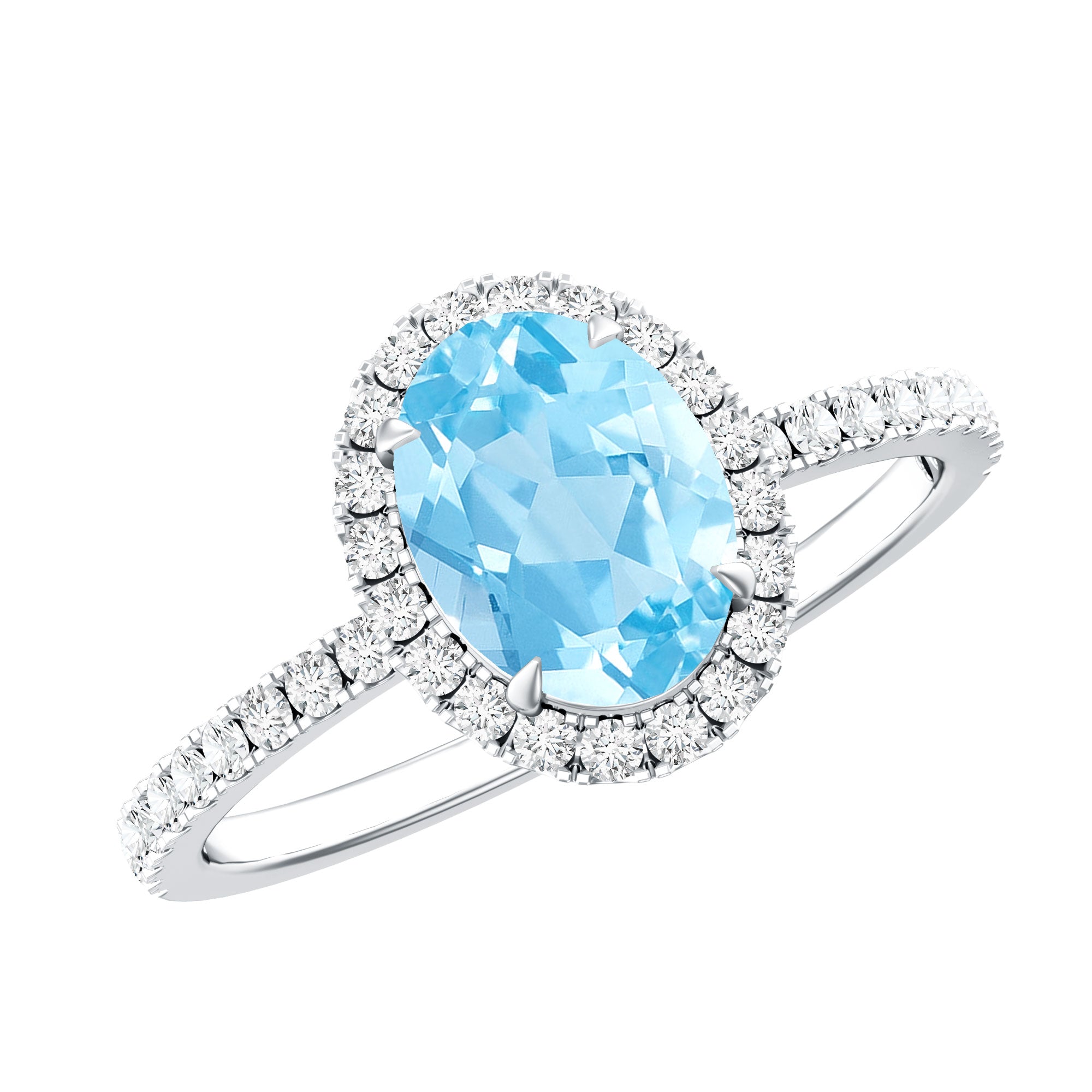 Aquamarine Engagement Ring – Oval Diamond Halo Ring with Claw Setting by Rosec Jewels