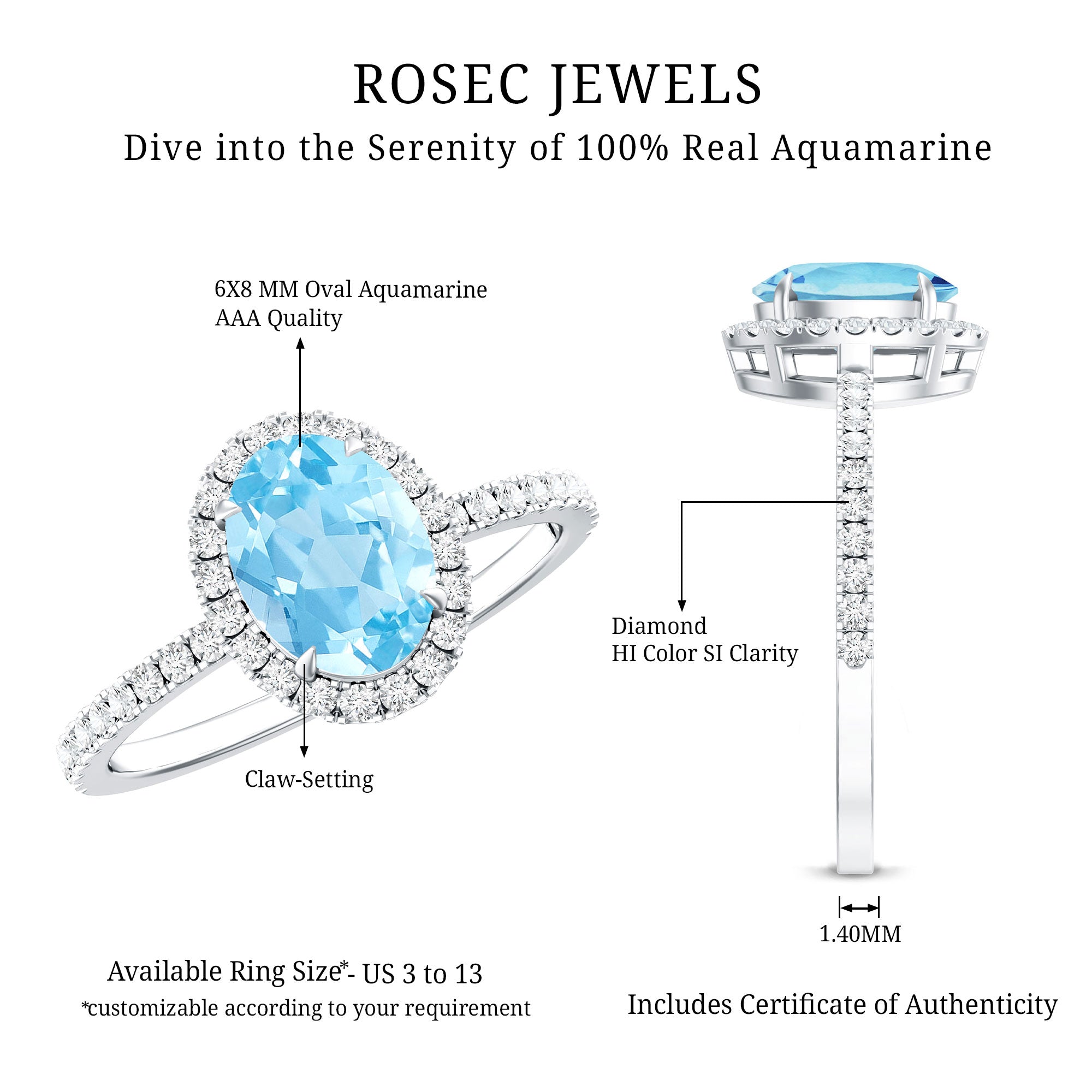 Aquamarine Engagement Ring – Oval Diamond Halo Ring with Claw Setting by Rosec Jewels