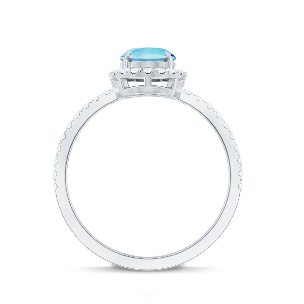 Aquamarine Engagement Ring – Oval Diamond Halo Ring with Claw Setting by Rosec Jewels
