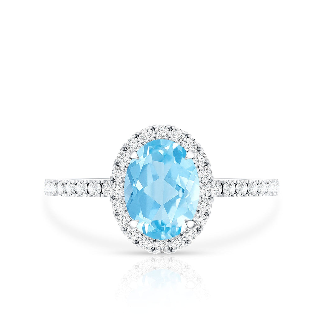 Aquamarine Engagement Ring – Oval Diamond Halo Ring with Claw Setting by Rosec Jewels