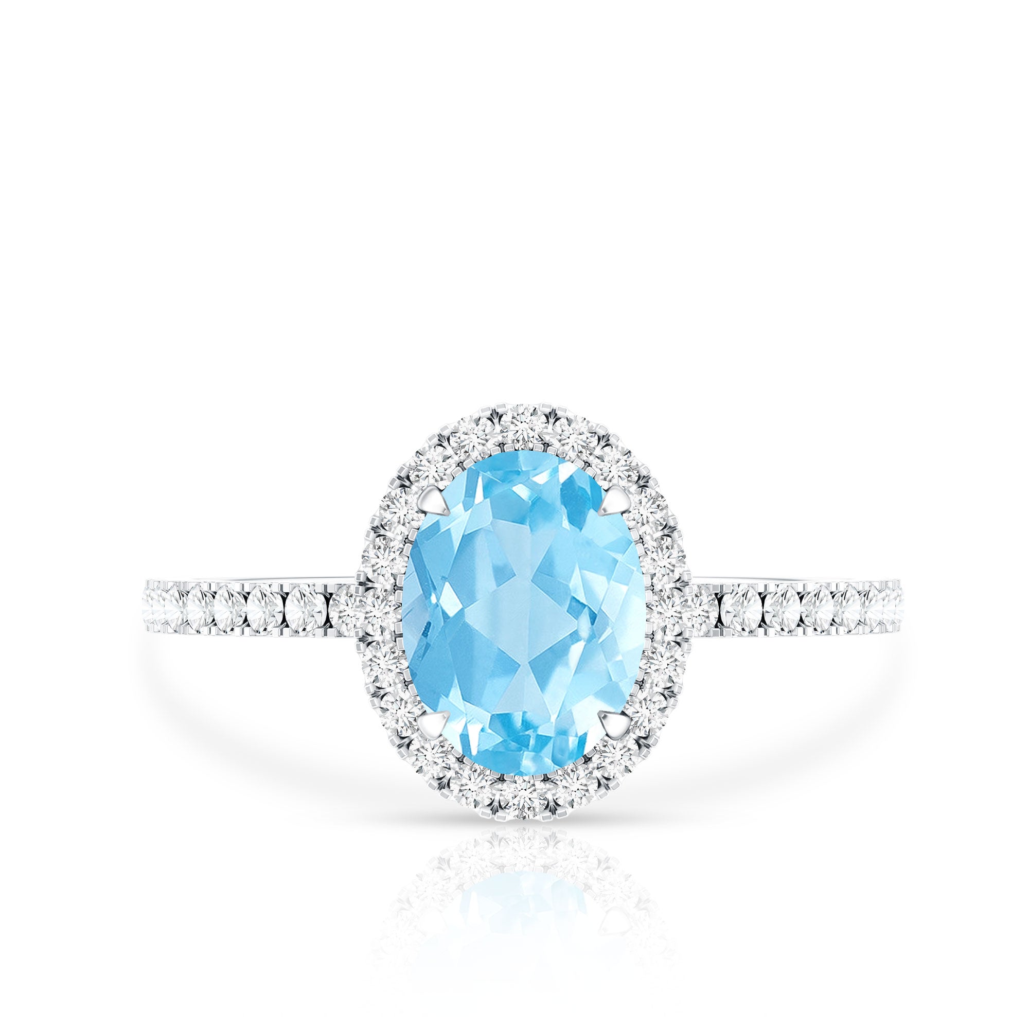 Aquamarine Engagement Ring – Oval Diamond Halo Ring with Claw Setting by Rosec Jewels