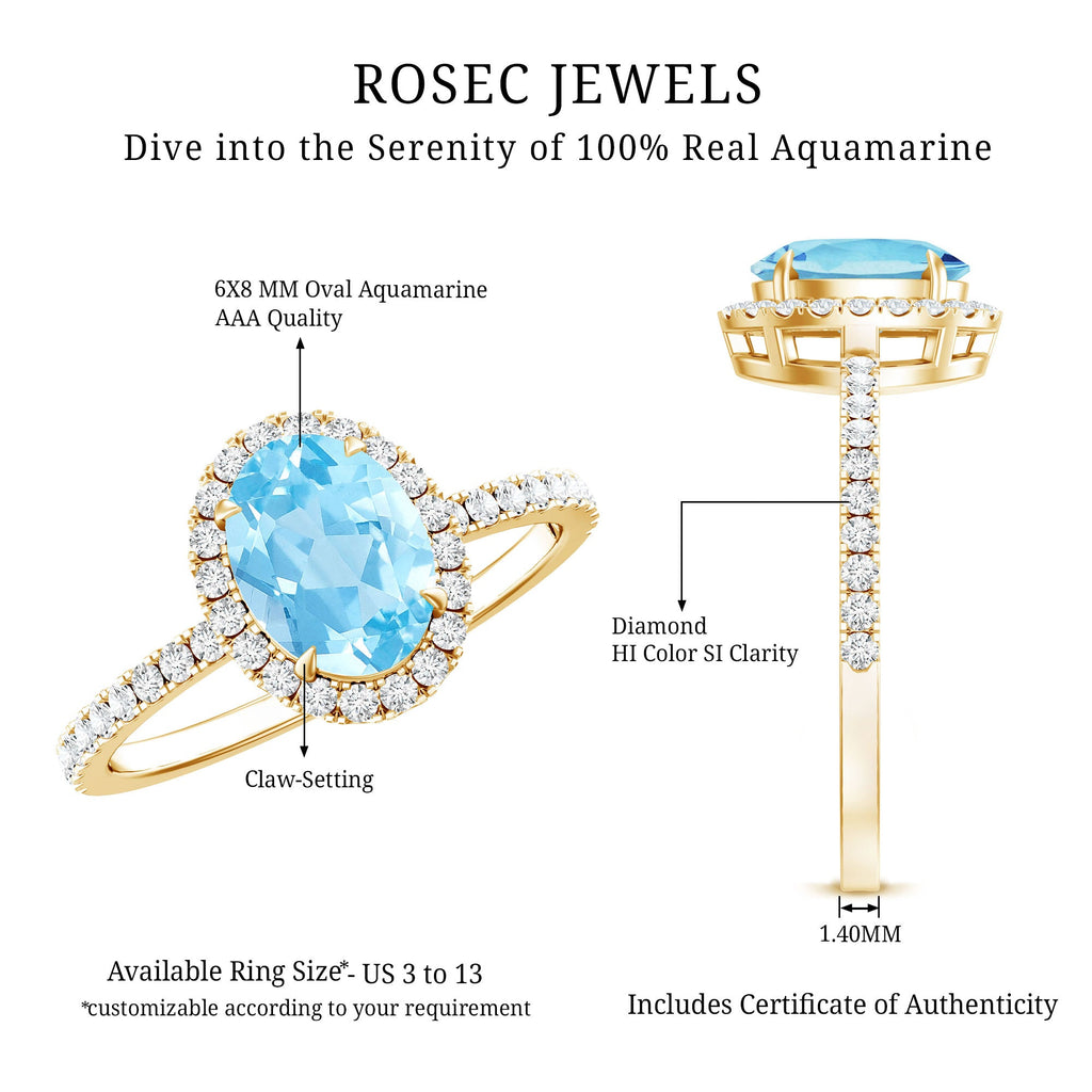 Aquamarine Engagement Ring – Oval Diamond Halo Ring with Claw Setting by Rosec Jewels