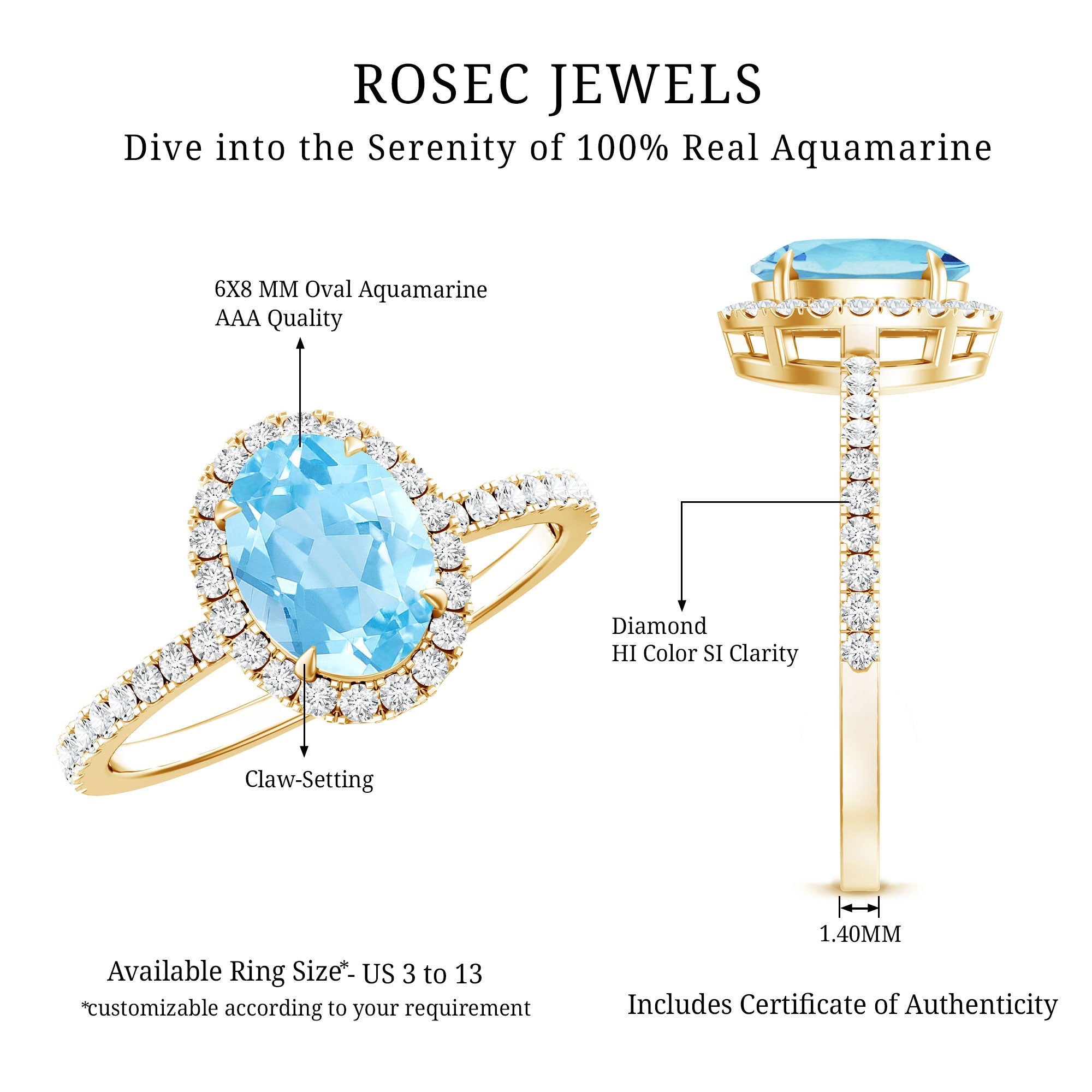 Aquamarine Engagement Ring – Oval Diamond Halo Ring with Claw Setting by Rosec Jewels
