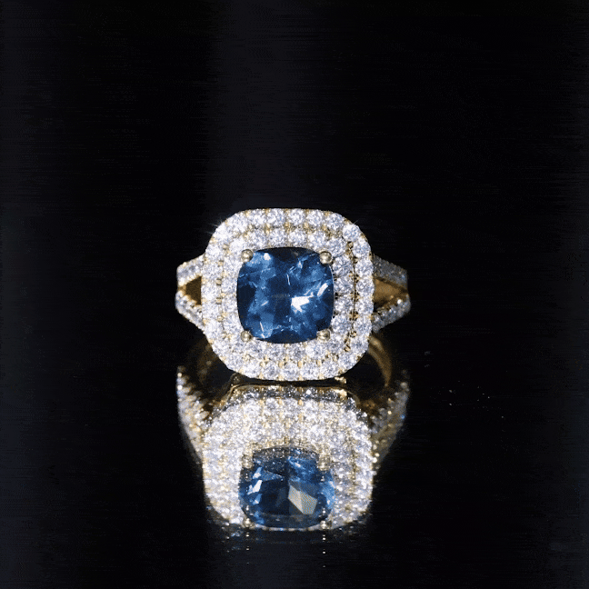 Real 8mm Cushion Cut London Blue Topaz Double Halo Engagement Ring with Moissanite