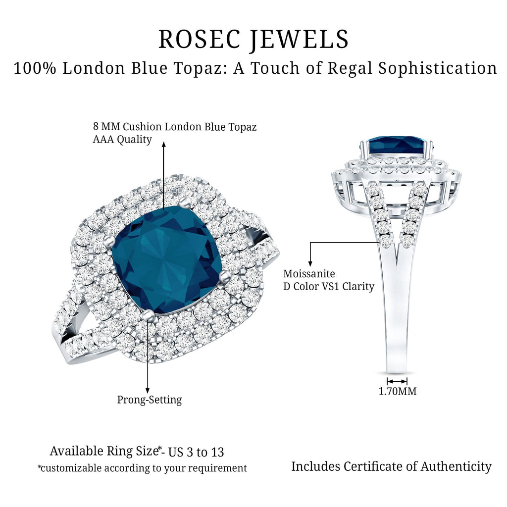 Real 8mm Cushion Cut London Blue Topaz Double Halo Engagement Ring with Moissanite
