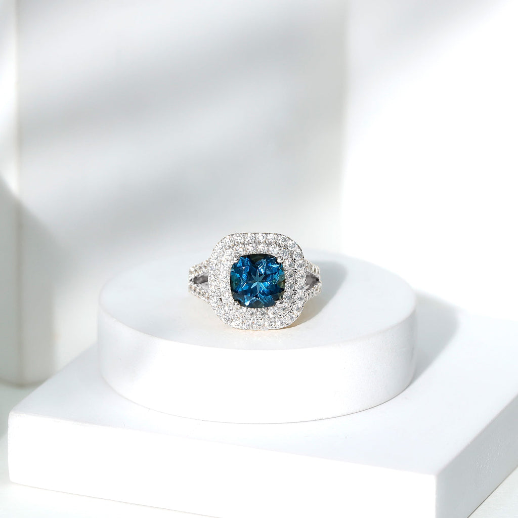Real 8mm Cushion Cut London Blue Topaz Double Halo Engagement Ring with Moissanite