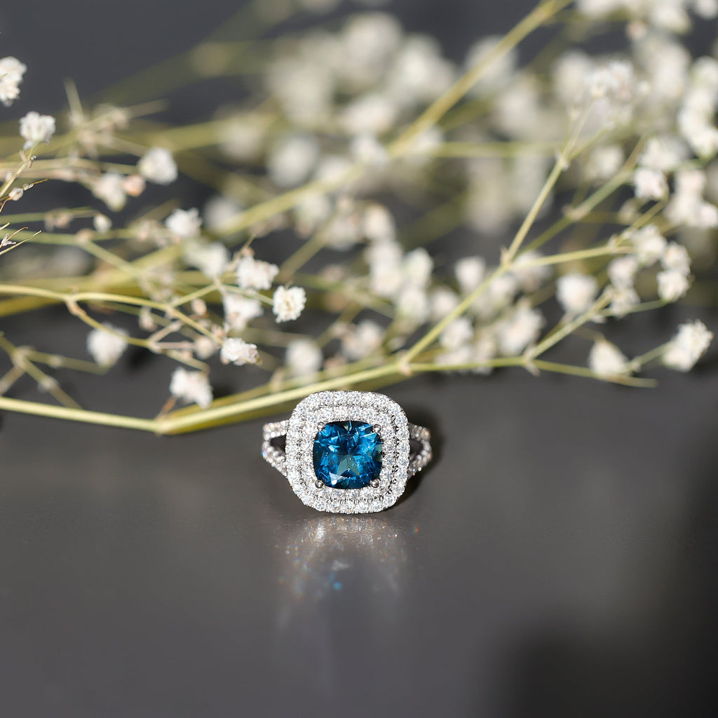 Real 8mm Cushion Cut London Blue Topaz Double Halo Engagement Ring with Moissanite