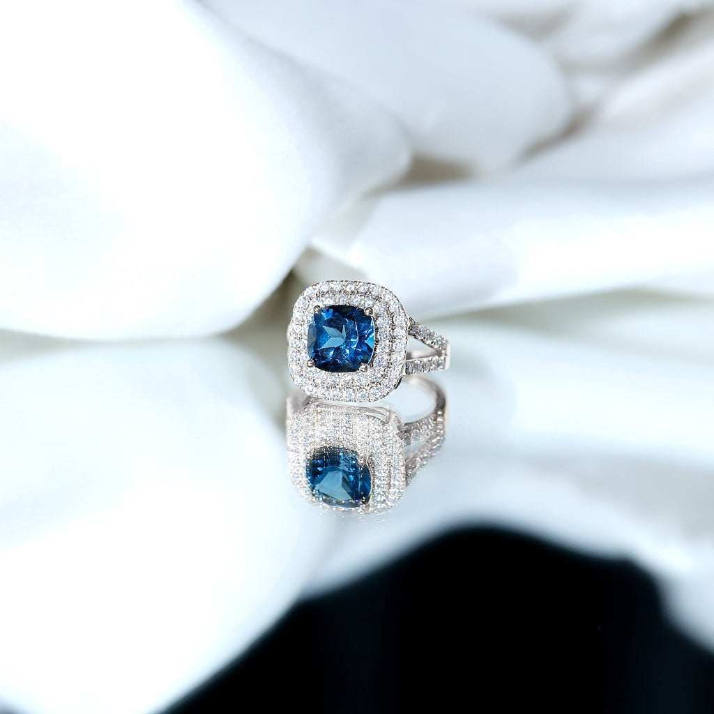 Real 8mm Cushion Cut London Blue Topaz Double Halo Engagement Ring with Moissanite