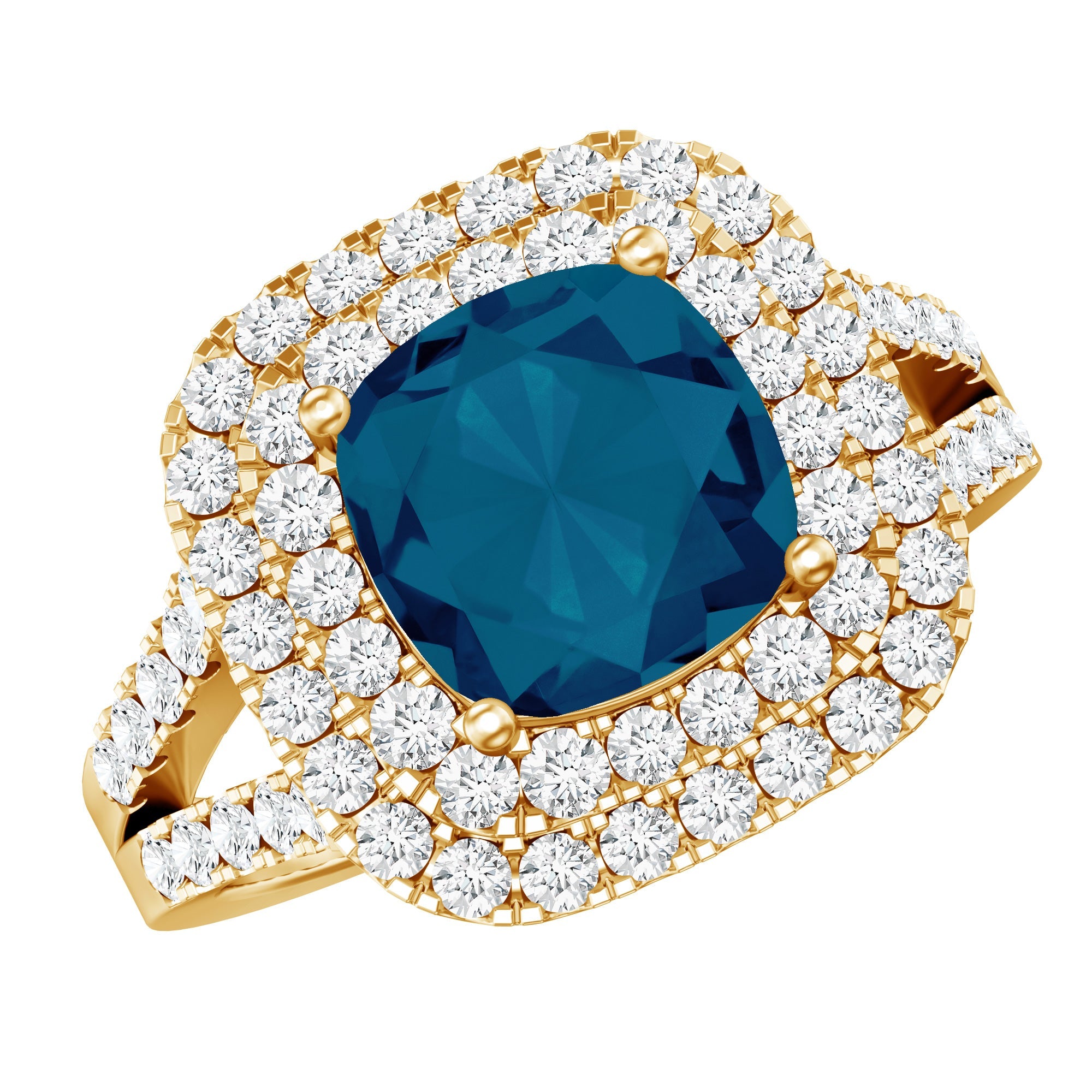Real 8mm Cushion Cut London Blue Topaz Double Halo Engagement Ring with Moissanite