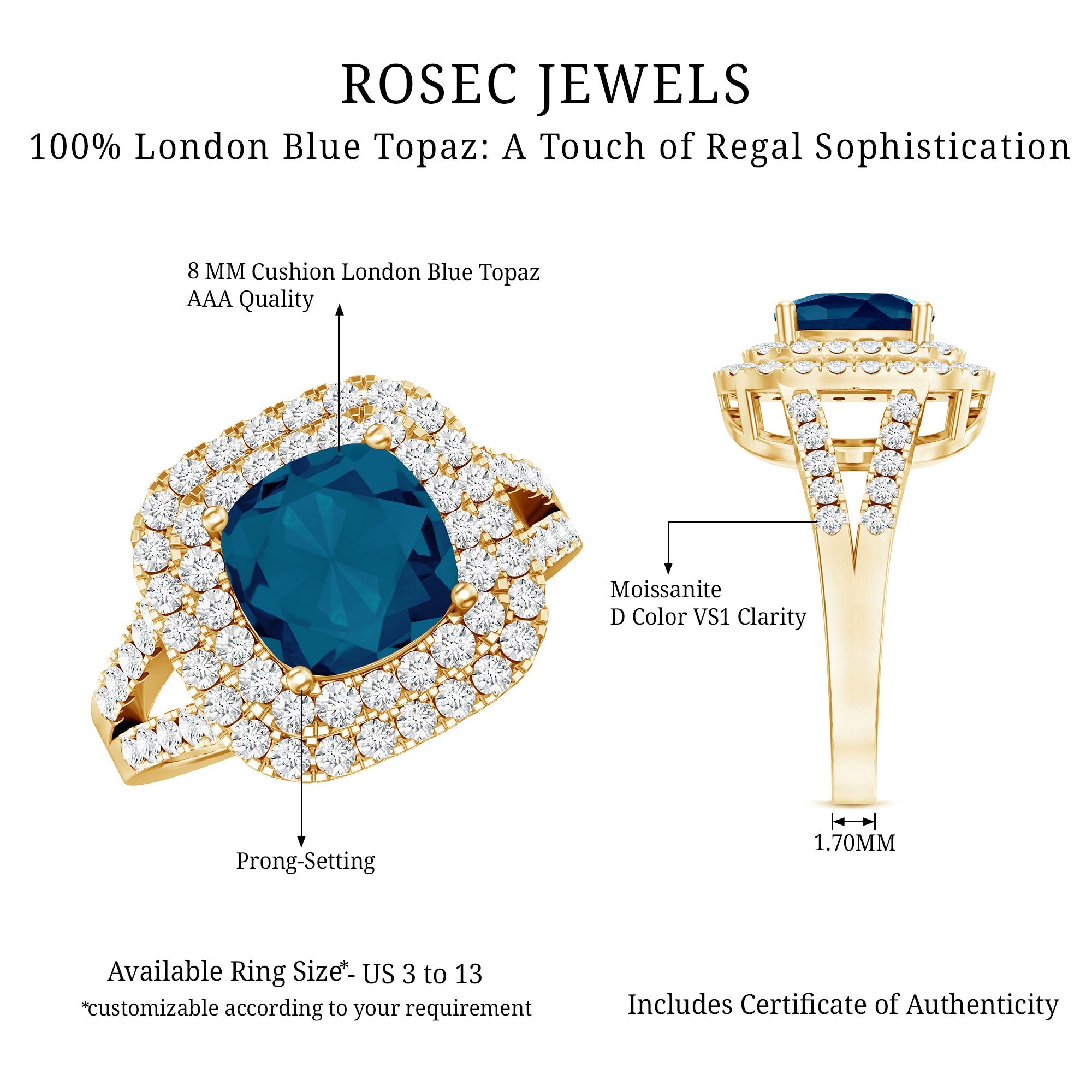 Real 8mm Cushion Cut London Blue Topaz Double Halo Engagement Ring with Moissanite