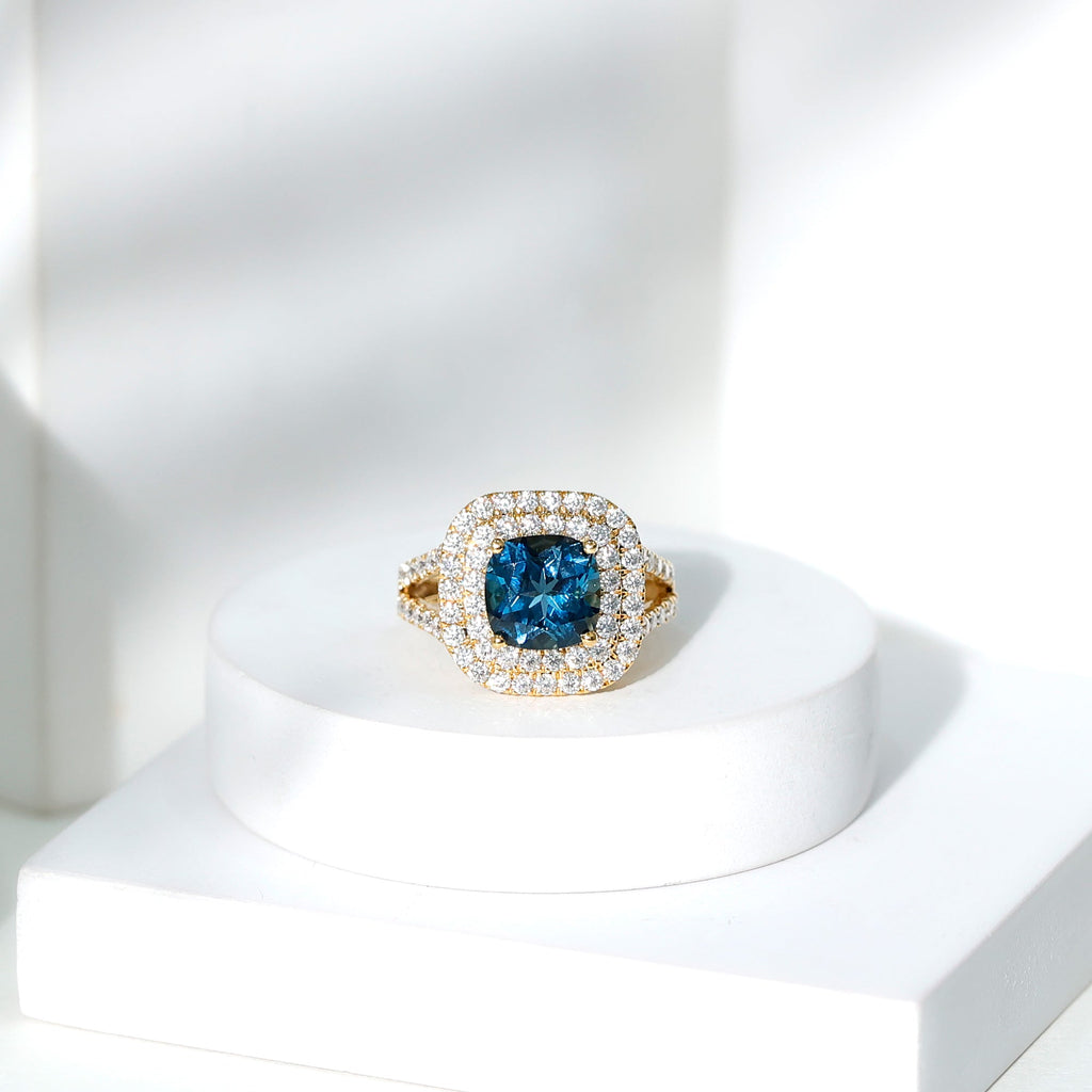 Real 8mm Cushion Cut London Blue Topaz Double Halo Engagement Ring with Moissanite