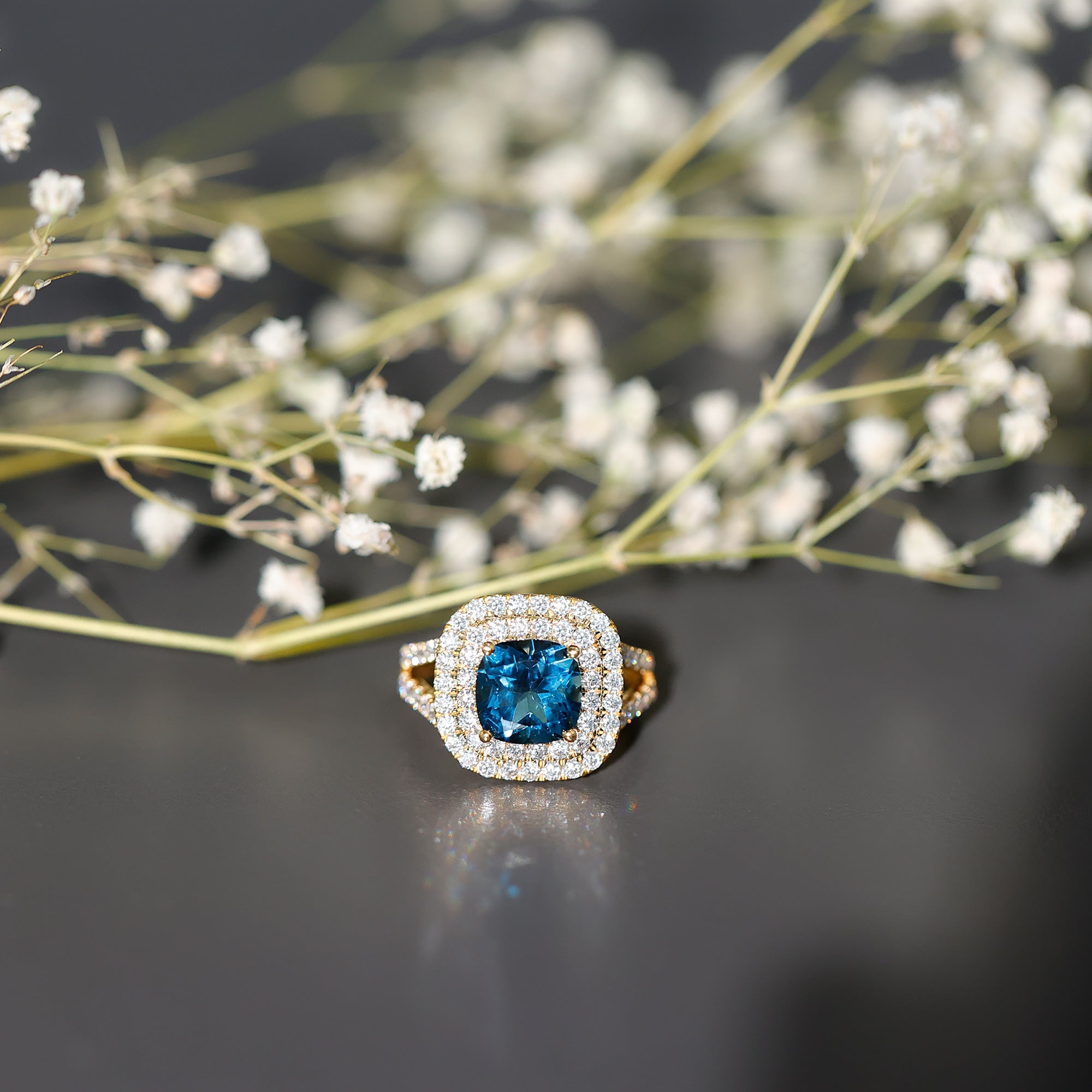 Real 8mm Cushion Cut London Blue Topaz Double Halo Engagement Ring with Moissanite