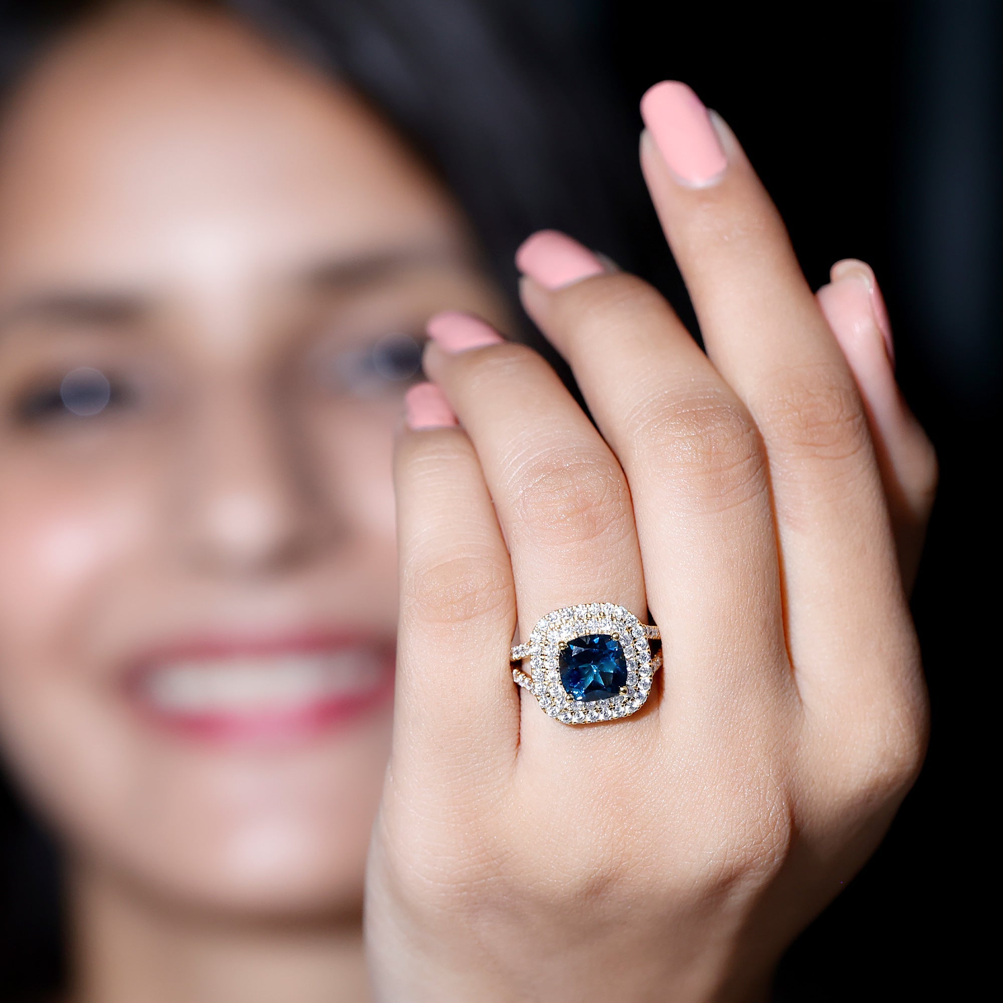 Real 8mm Cushion Cut London Blue Topaz Double Halo Engagement Ring with Moissanite