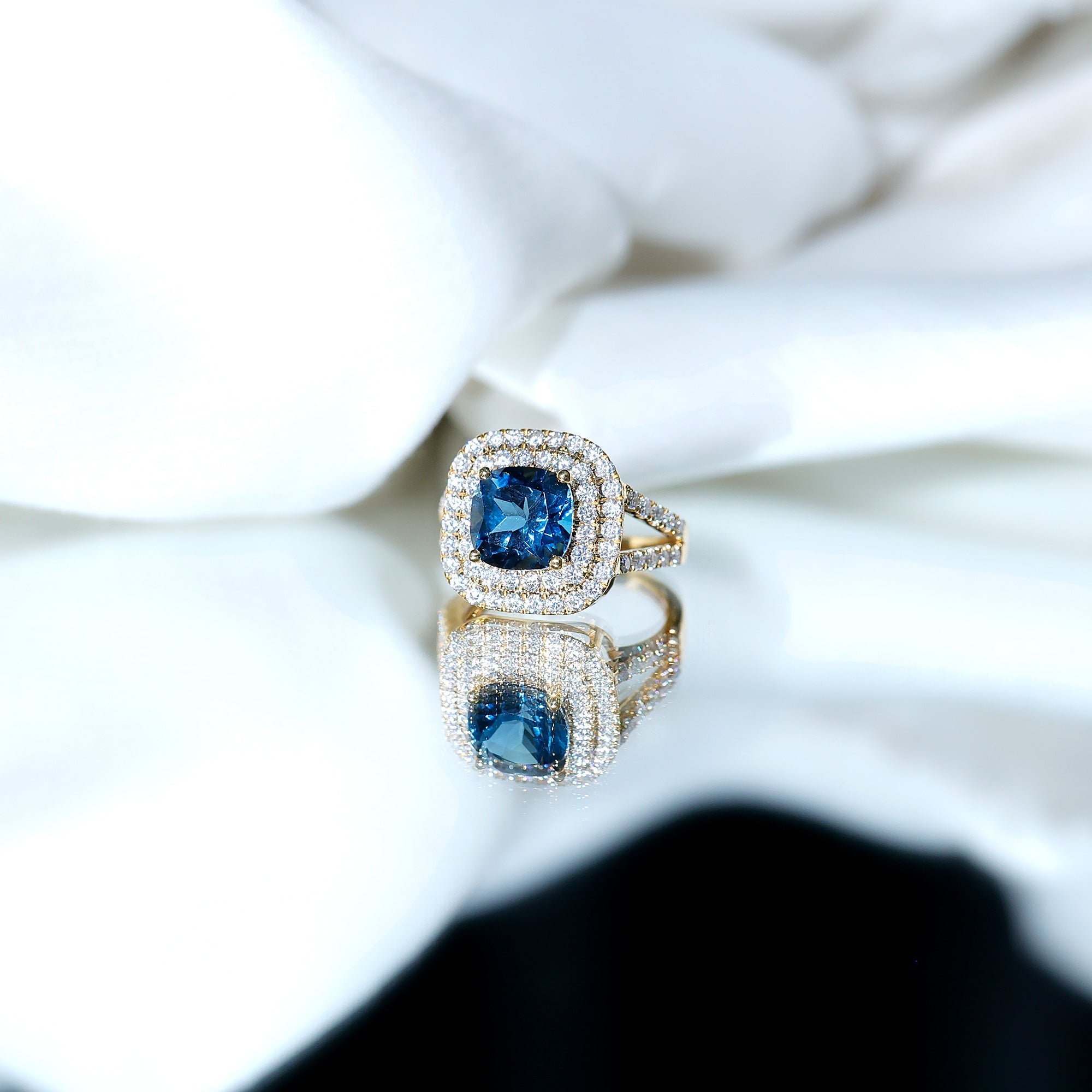 Real 8mm Cushion Cut London Blue Topaz Double Halo Engagement Ring with Moissanite