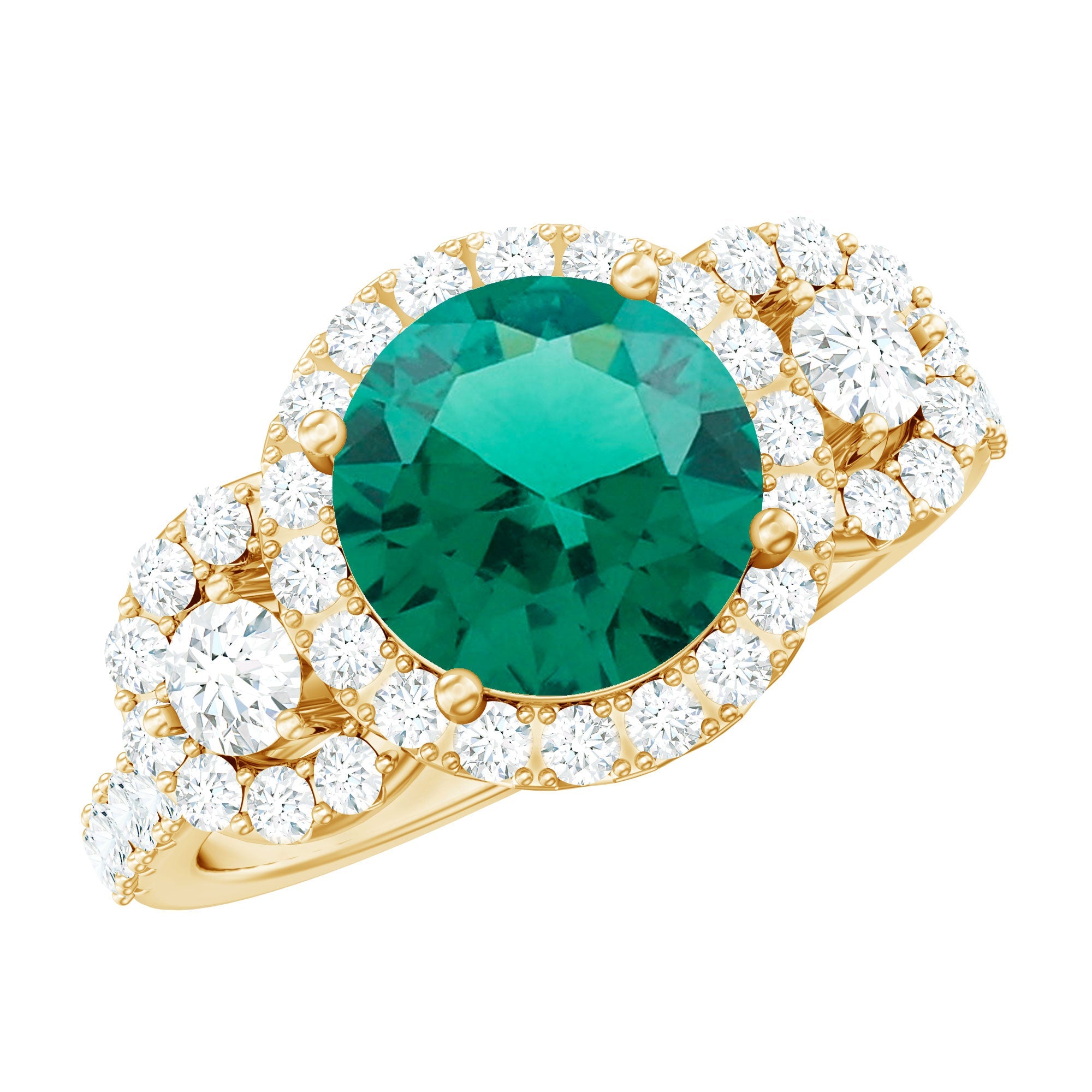 Lab Grown Emerald Ring - Vintage Engagement Band with 2 Carat Round Cut Emerald & Moissanite