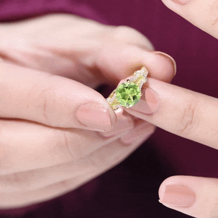 Peridot Solitaire Engagement Ring - Split Shank Band with Sparkling Moissanite Stones