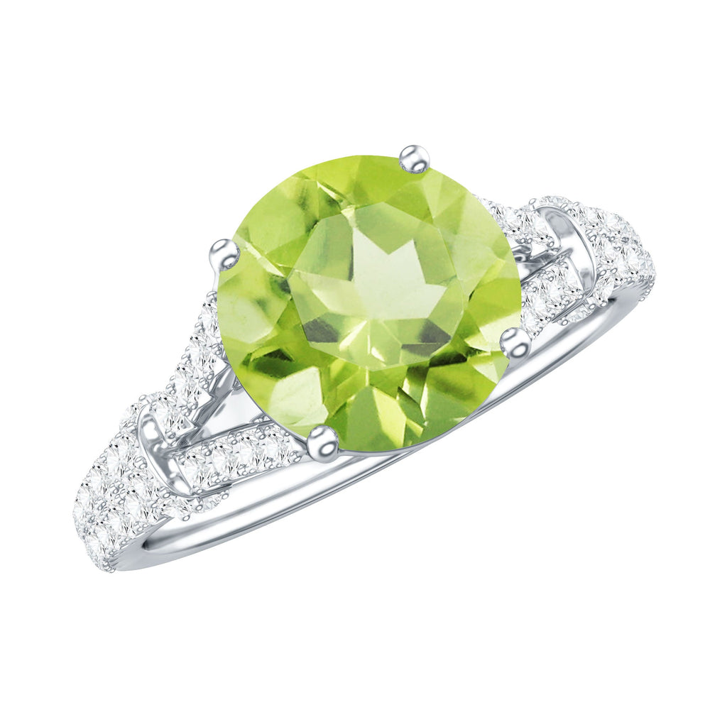 Peridot Solitaire Engagement Ring - Split Shank Band with Sparkling Moissanite Stones