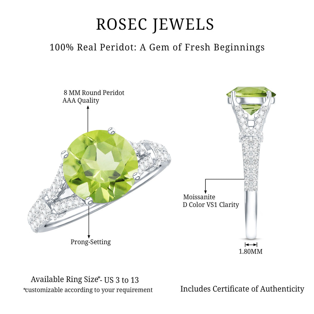 Peridot Solitaire Engagement Ring - Split Shank Band with Sparkling Moissanite Stones