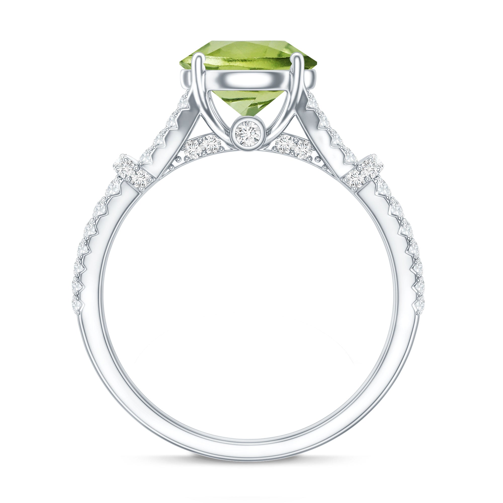 Peridot Solitaire Engagement Ring - Split Shank Band with Sparkling Moissanite Stones