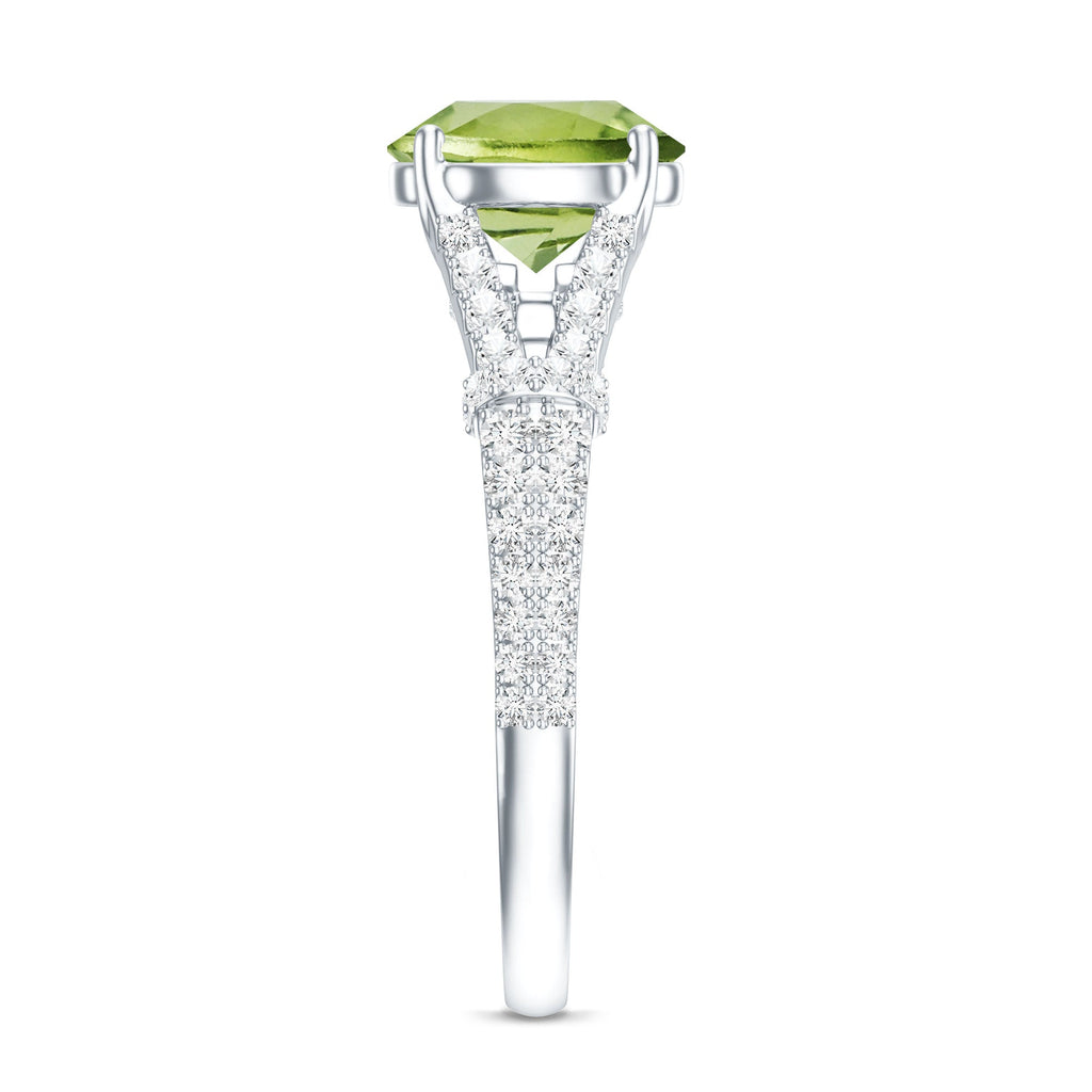 Peridot Solitaire Engagement Ring - Split Shank Band with Sparkling Moissanite Stones