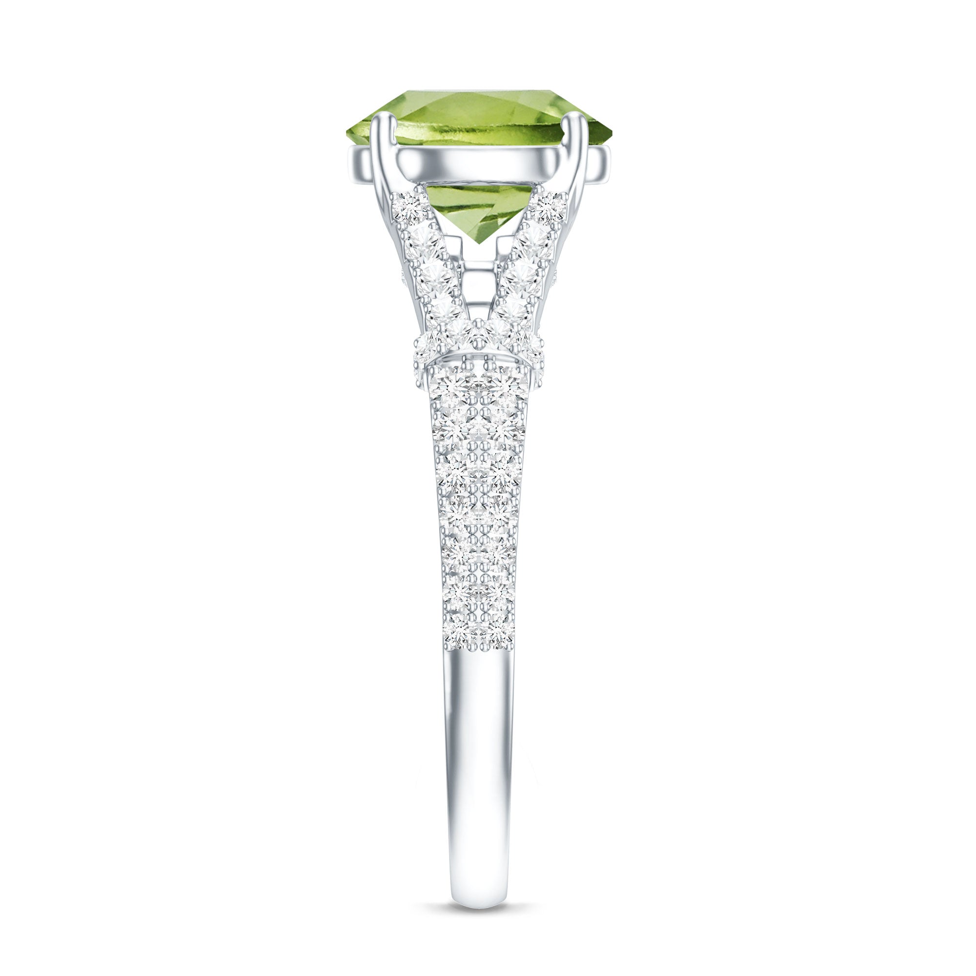 Peridot Solitaire Engagement Ring - Split Shank Band with Sparkling Moissanite Stones