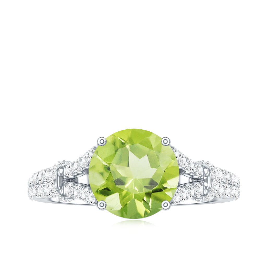 Peridot Solitaire Engagement Ring - Split Shank Band with Sparkling Moissanite Stones