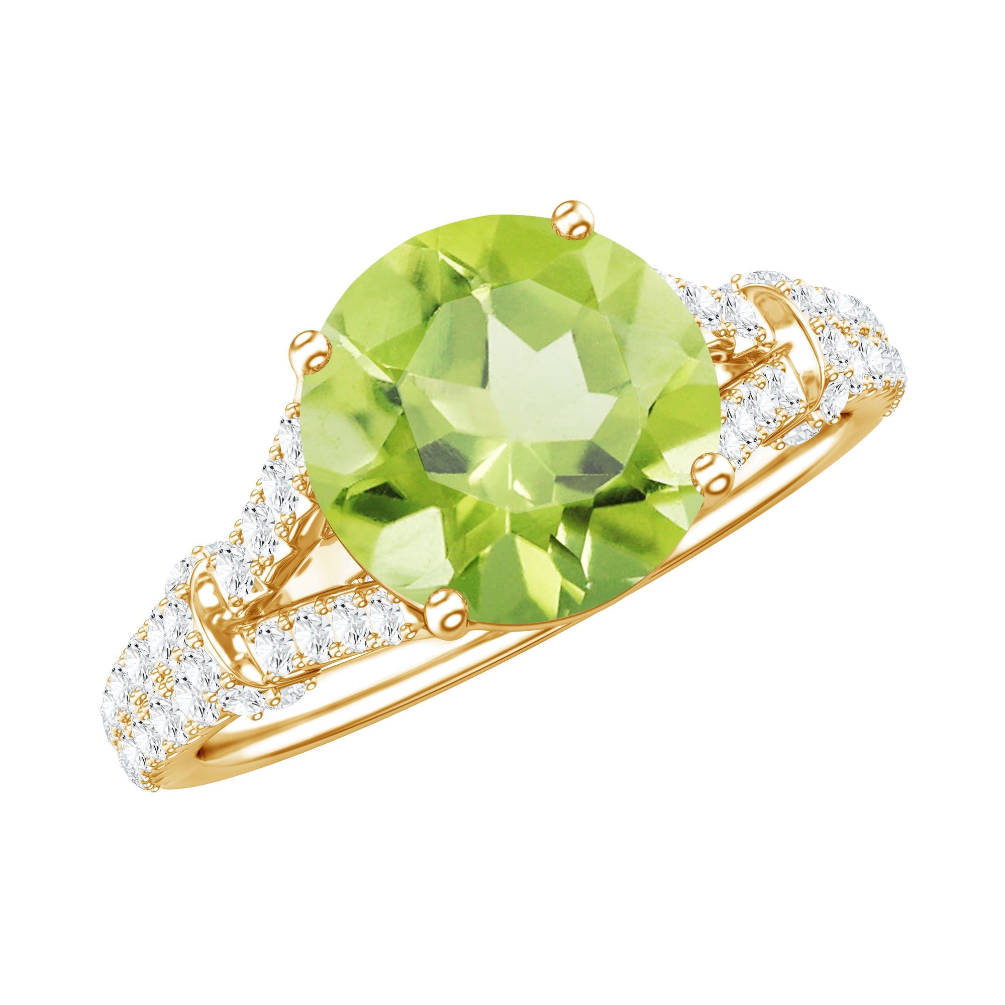 Peridot Solitaire Engagement Ring - Split Shank Band with Sparkling Moissanite Stones