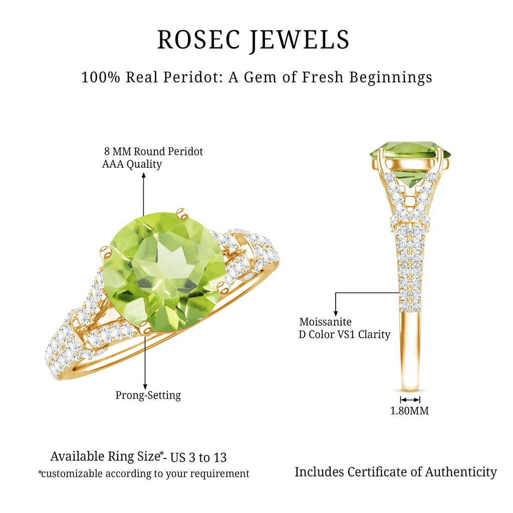 Peridot Solitaire Engagement Ring - Split Shank Band with Sparkling Moissanite Stones