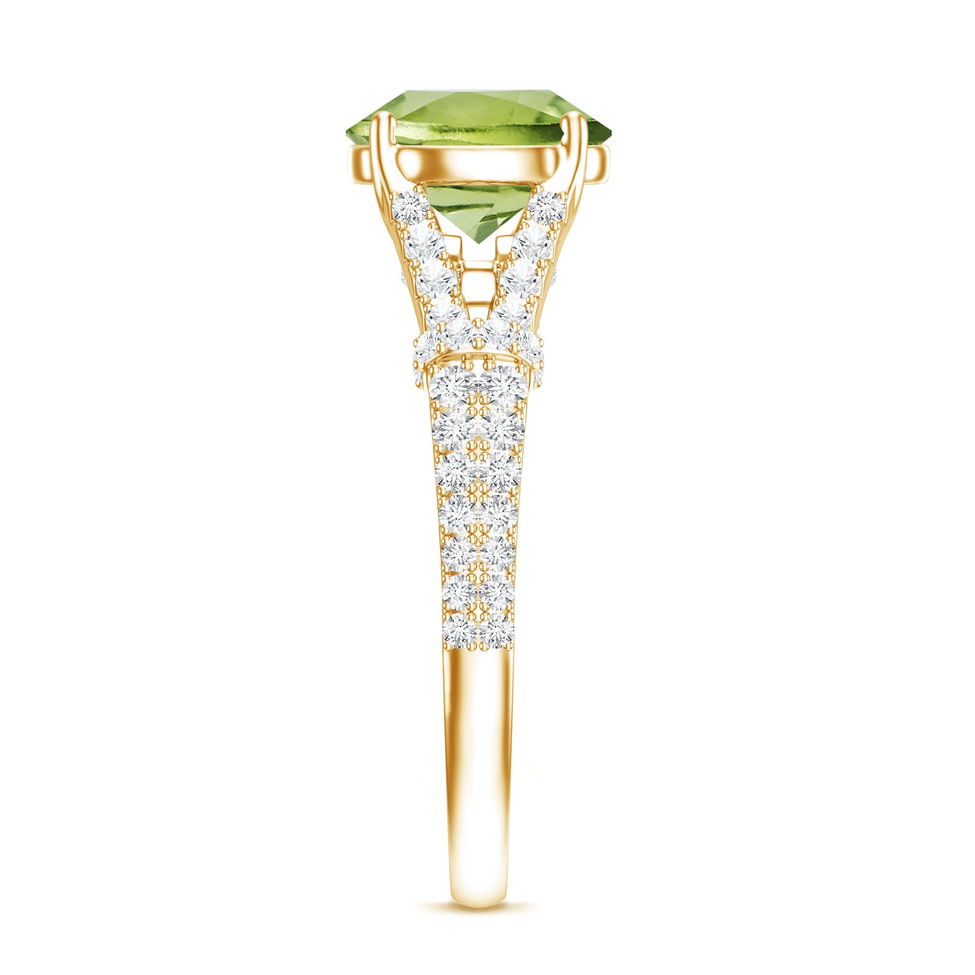 Peridot Solitaire Engagement Ring - Split Shank Band with Sparkling Moissanite Stones