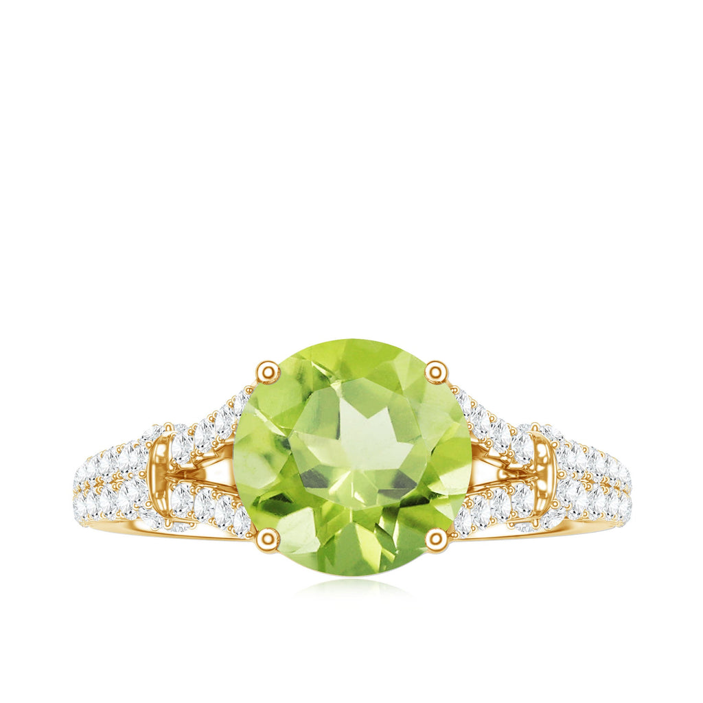 Peridot Solitaire Engagement Ring - Split Shank Band with Sparkling Moissanite Stones