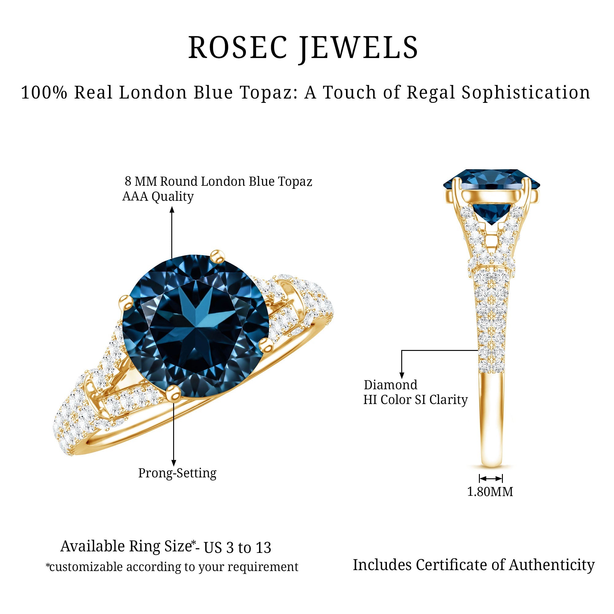 Natural London Blue Topaz Split Shank Engagement Ring