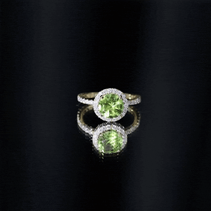 Peridot Engagement Ring – 2 Carat Round Peridot with Lab Grown Diamond Halo Band