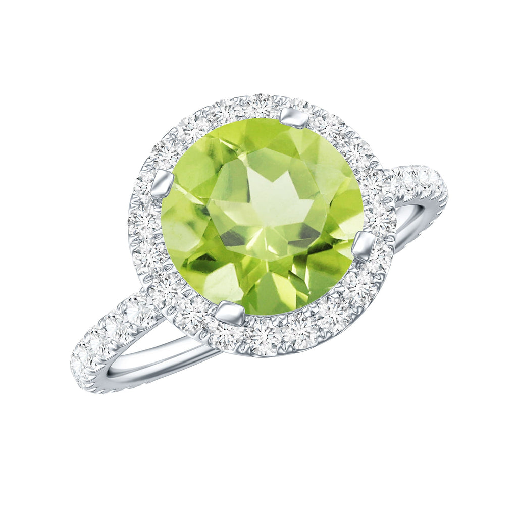 Peridot Engagement Ring – 2 Carat Round Peridot with Lab Grown Diamond Halo Band