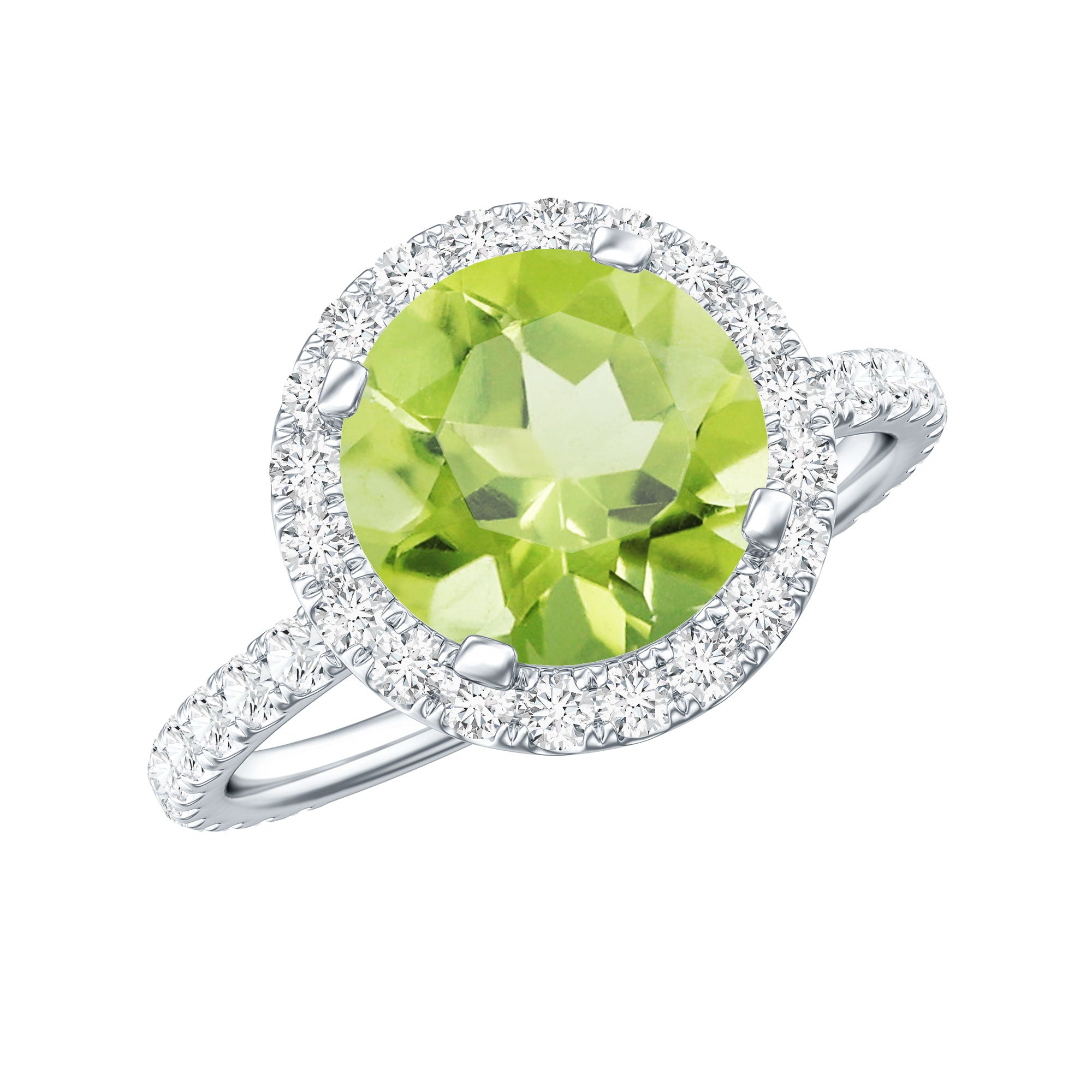 Peridot Engagement Ring – 2 Carat Round Peridot with Lab Grown Diamond Halo Band