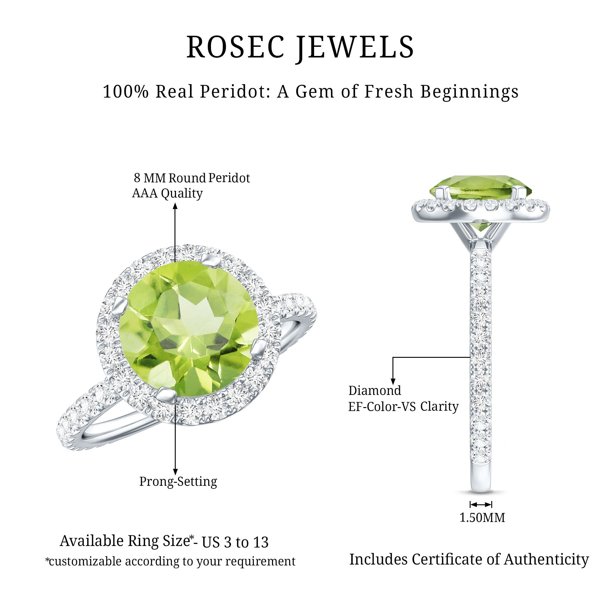 Peridot Engagement Ring – 2 Carat Round Peridot with Lab Grown Diamond Halo Band