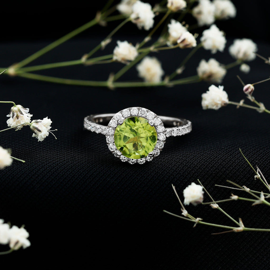 Peridot Engagement Ring – 2 Carat Round Peridot with Lab Grown Diamond Halo Band