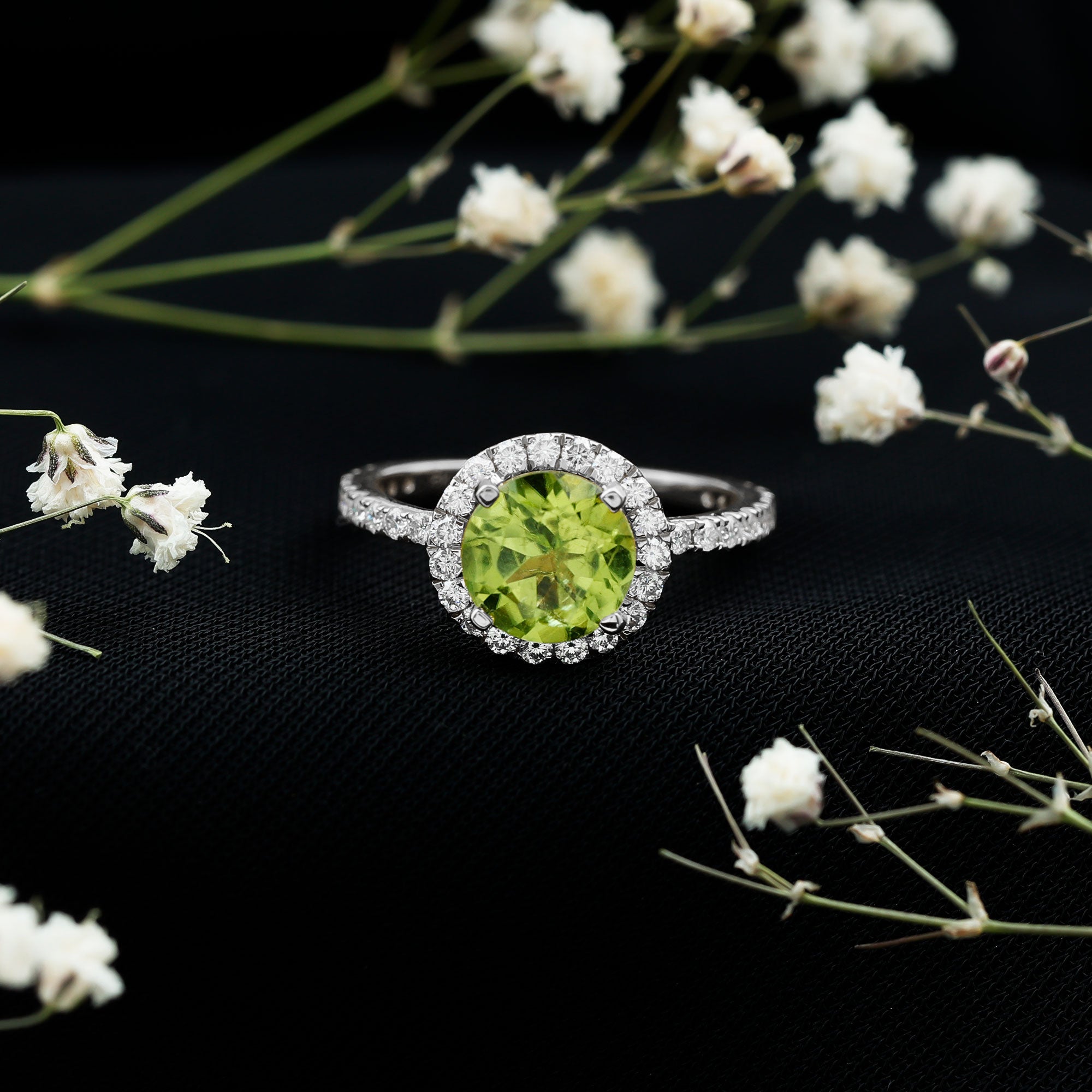 Peridot Engagement Ring – 2 Carat Round Peridot with Lab Grown Diamond Halo Band