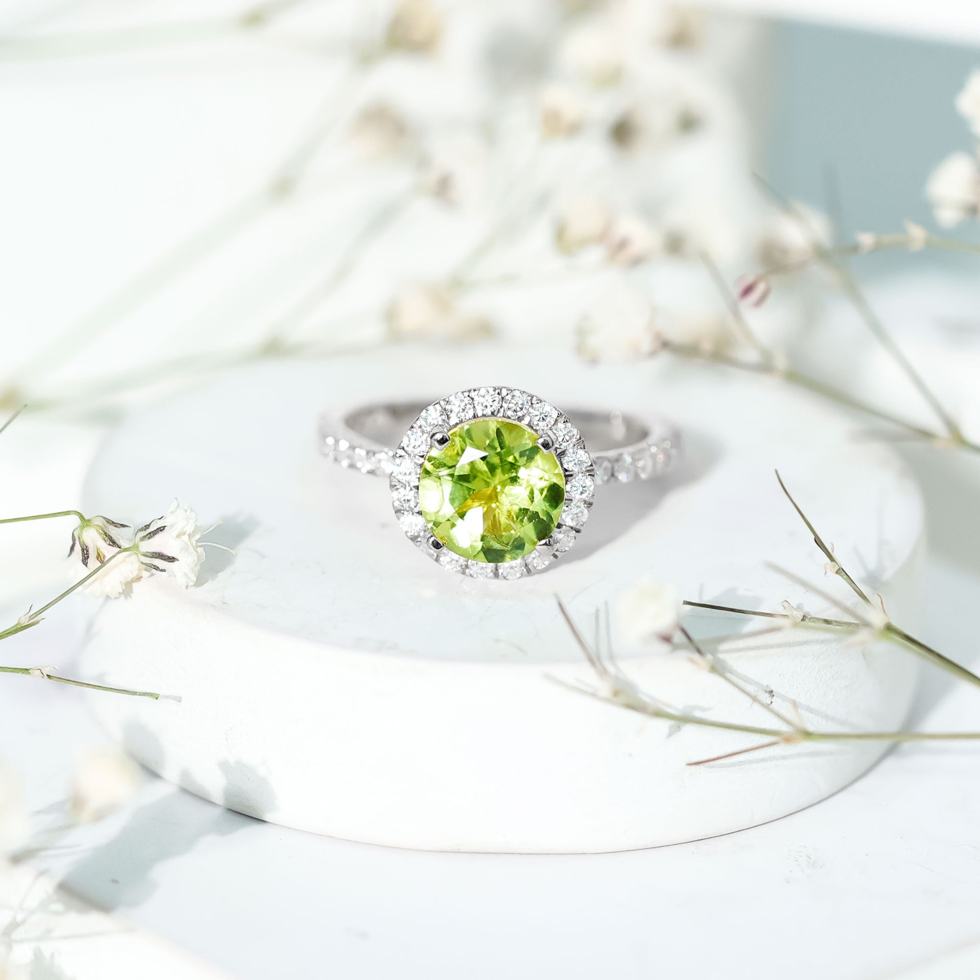 Peridot Engagement Ring – 2 Carat Round Peridot with Lab Grown Diamond Halo Band