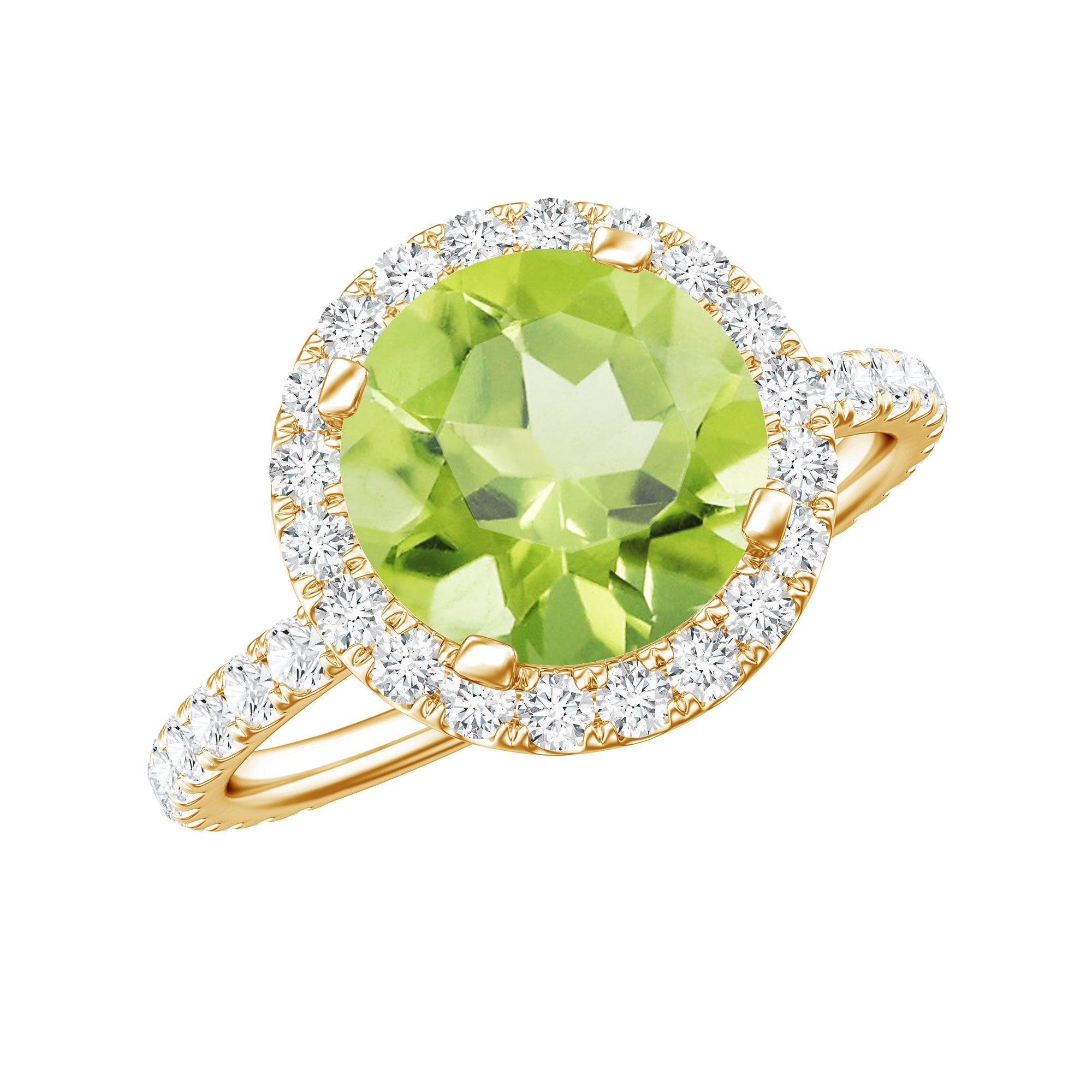 Peridot Engagement Ring – 2 Carat Round Peridot with Lab Grown Diamond Halo Band