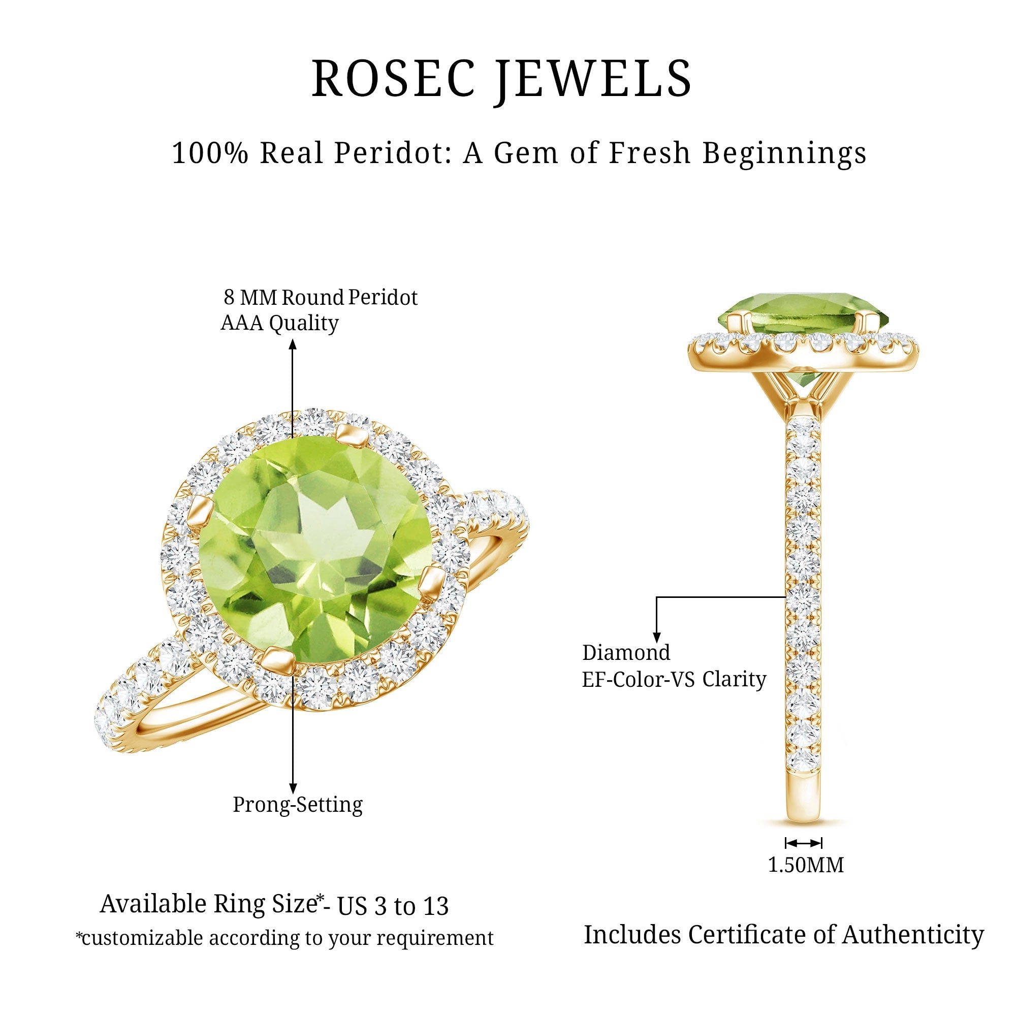 Peridot Engagement Ring – 2 Carat Round Peridot with Lab Grown Diamond Halo Band
