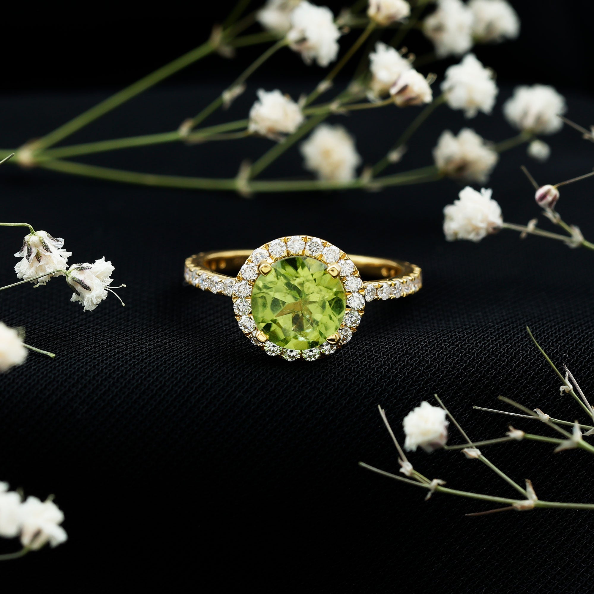 Peridot Engagement Ring – 2 Carat Round Peridot with Lab Grown Diamond Halo Band