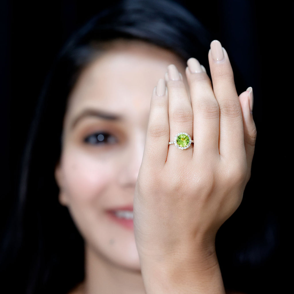 Peridot Engagement Ring – 2 Carat Round Peridot with Lab Grown Diamond Halo Band
