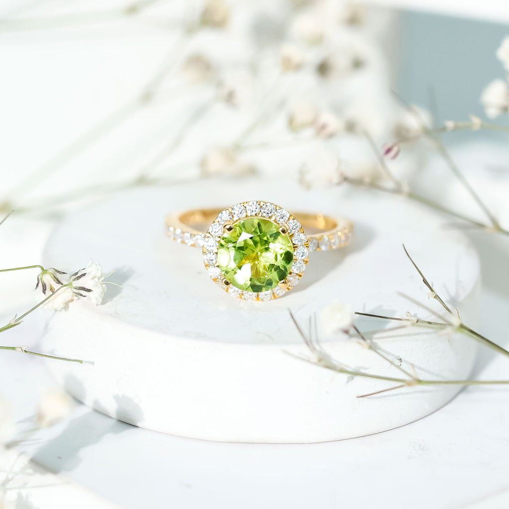 Peridot Engagement Ring – 2 Carat Round Peridot with Lab Grown Diamond Halo Band