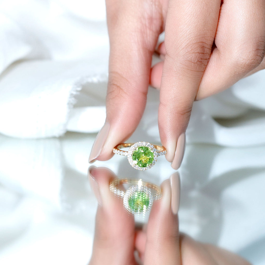 Peridot Engagement Ring – 2 Carat Round Peridot with Lab Grown Diamond Halo Band