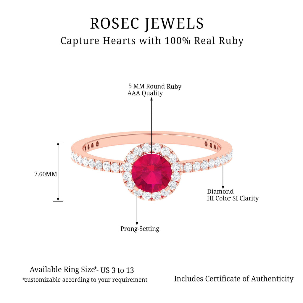 Ruby Engagement Ring – 0.6 Carat Round Ruby with Diamond Halo Band in Prong Setting