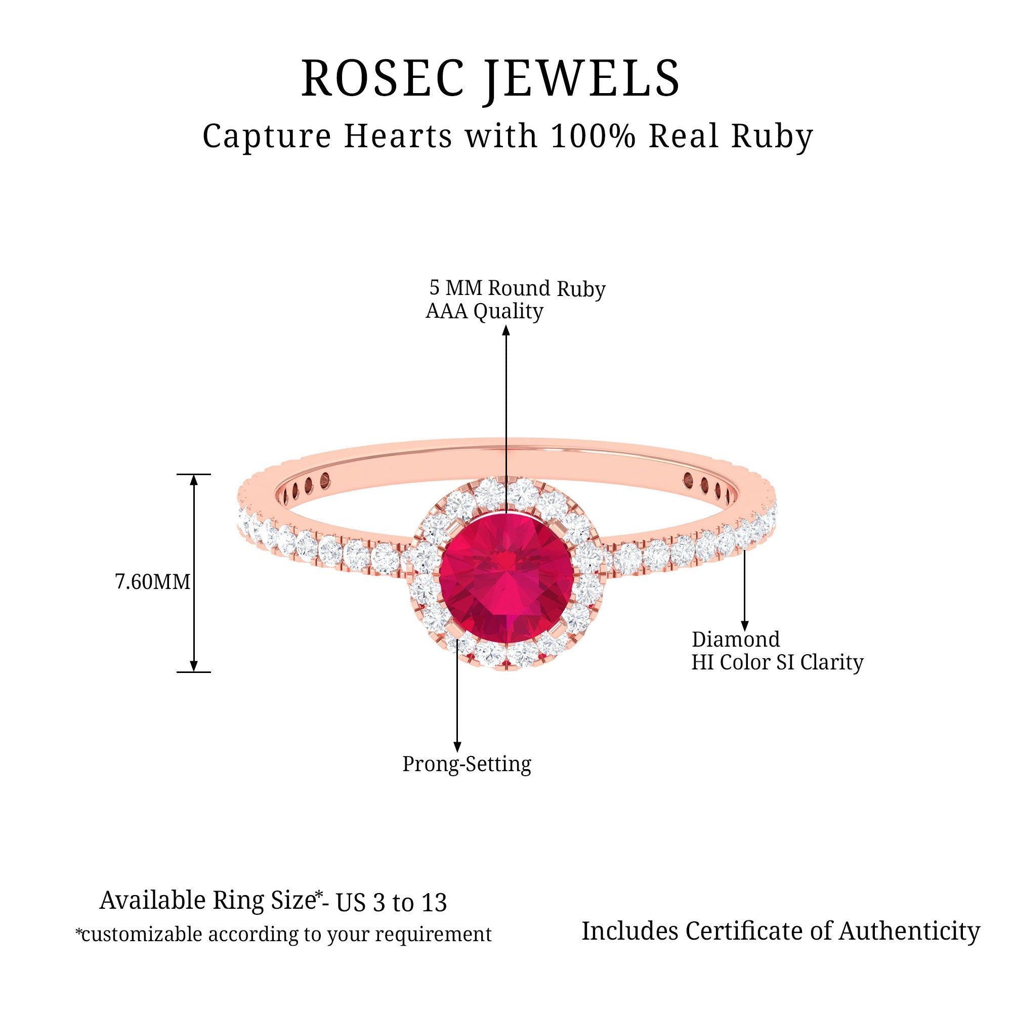 Ruby Engagement Ring – 0.6 Carat Round Ruby with Diamond Halo Band in Prong Setting
