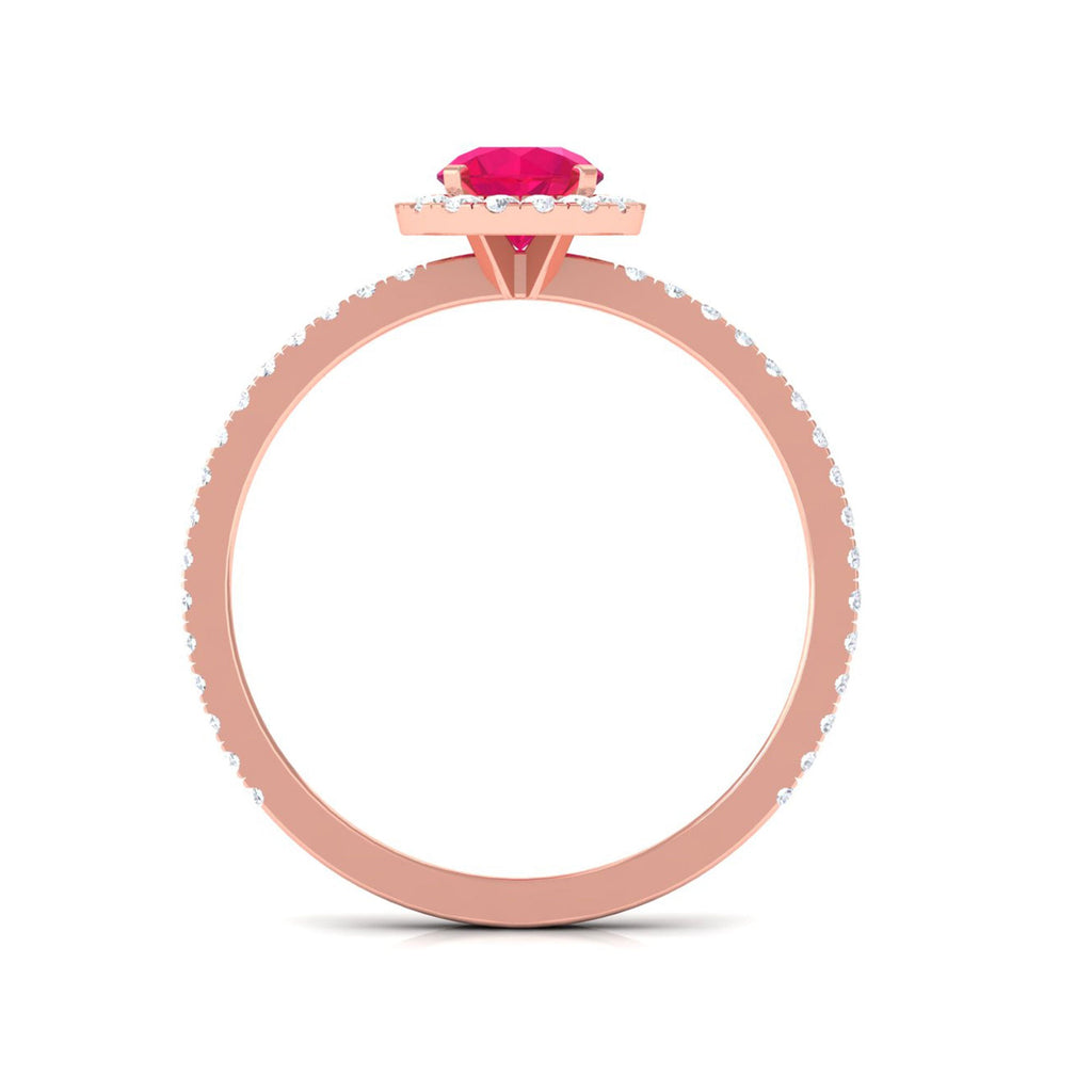 Ruby Engagement Ring – 0.6 Carat Round Ruby with Diamond Halo Band in Prong Setting