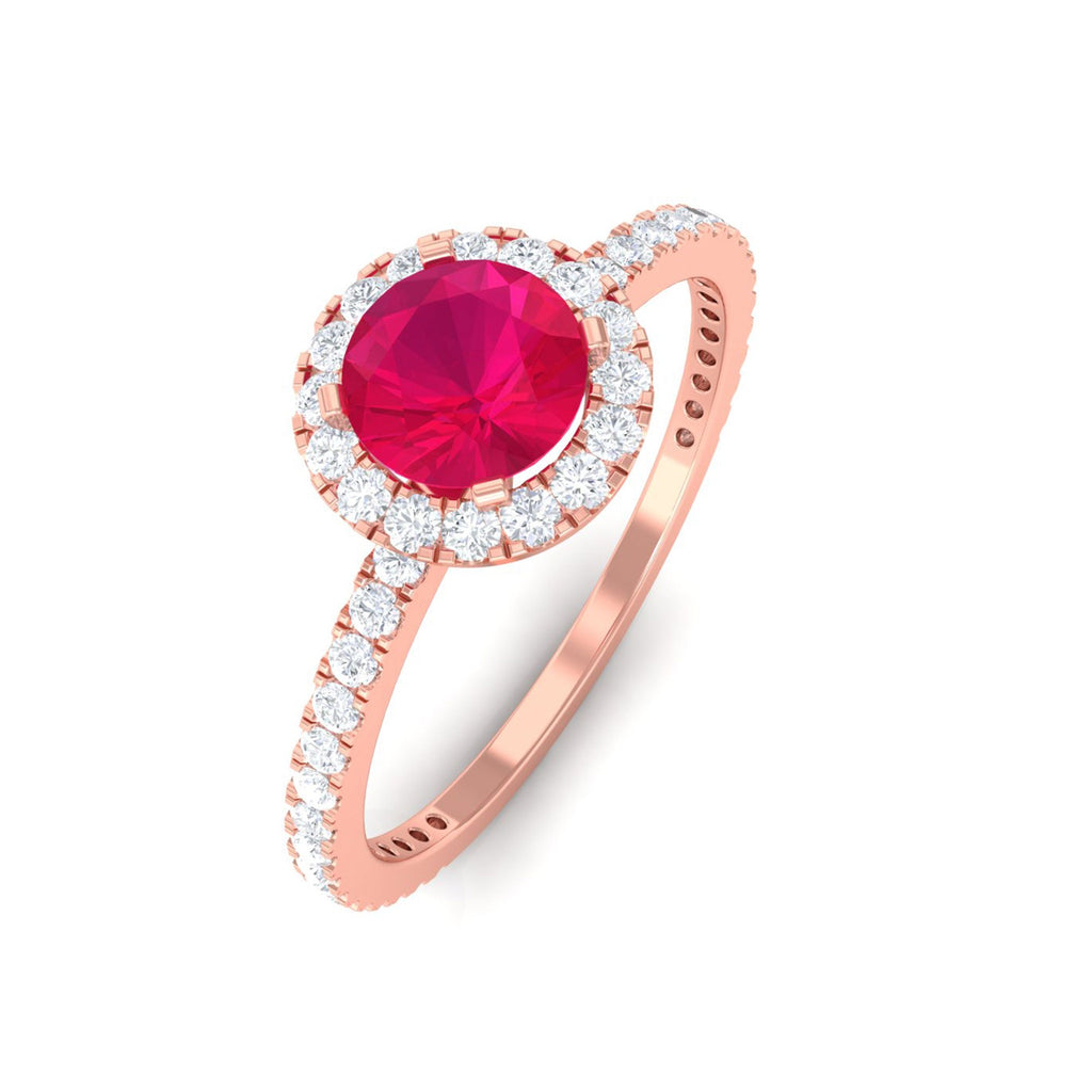 Ruby Engagement Ring – 0.6 Carat Round Ruby with Diamond Halo Band in Prong Setting