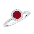 Ruby Engagement Ring – 0.6 Carat Round Ruby with Diamond Halo Band in Prong Setting