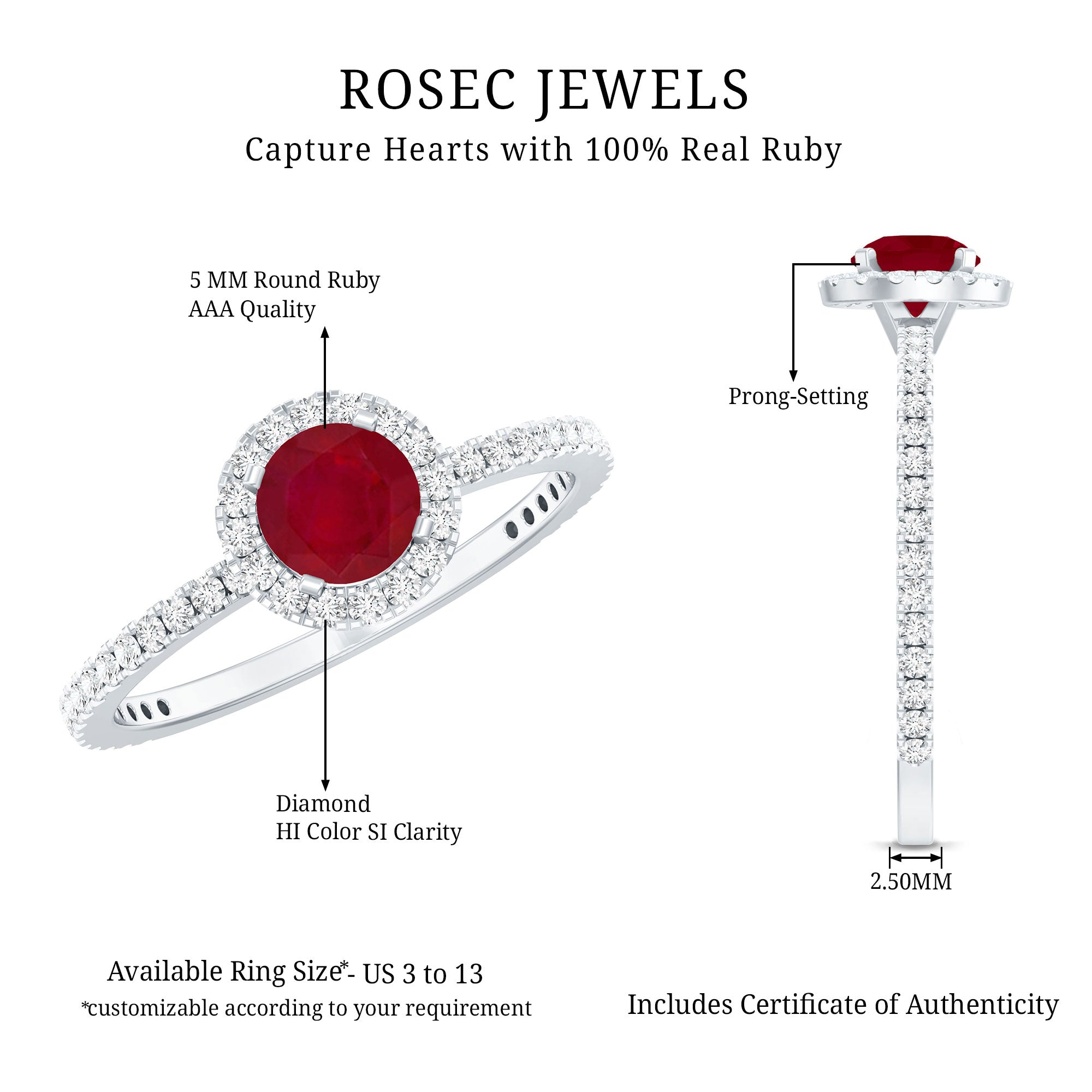Ruby Engagement Ring – 0.6 Carat Round Ruby with Diamond Halo Band in Prong Setting
